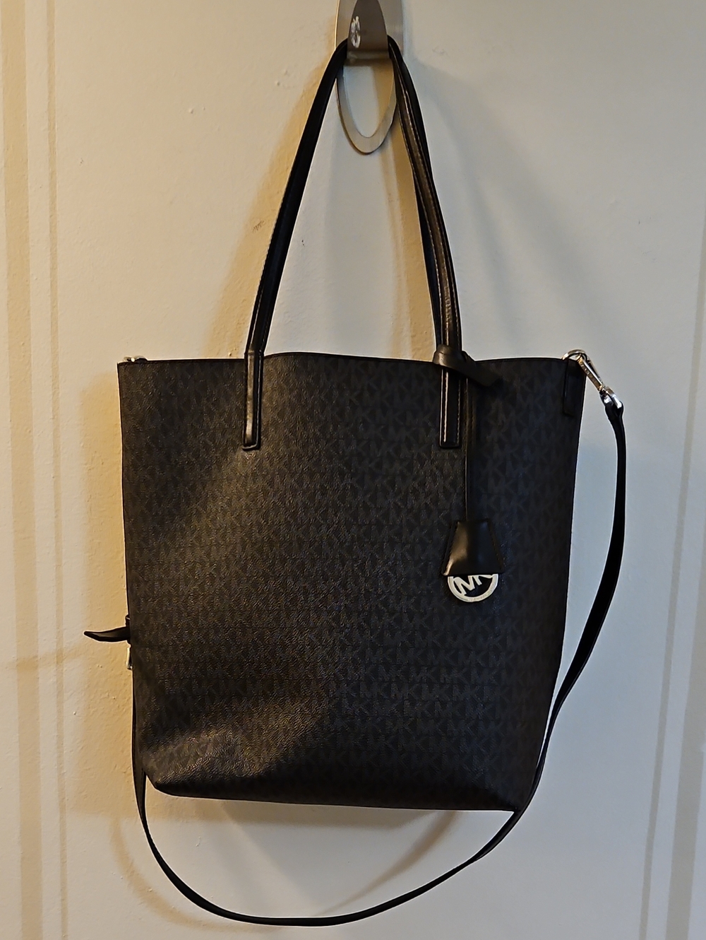 Michael Kors Black MK Logo Tote with Leather Trim